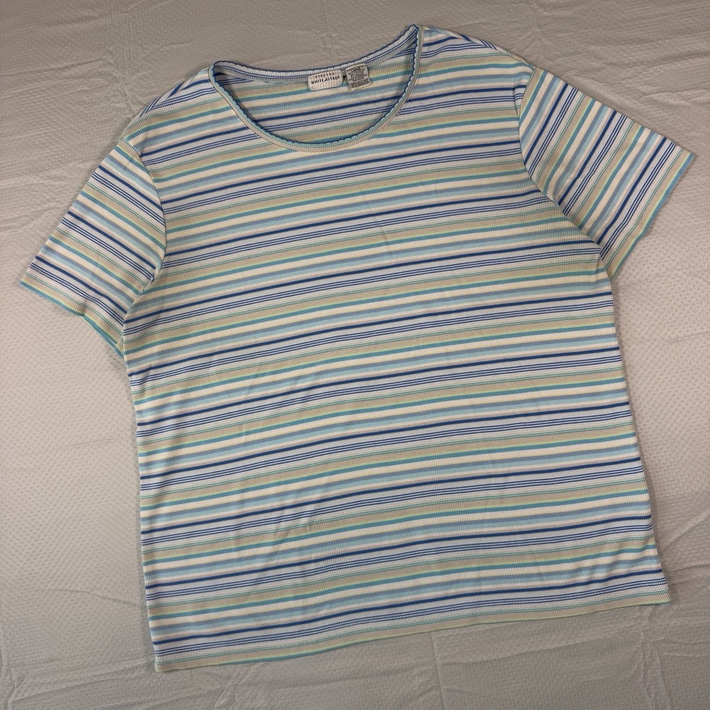 White Stag Stretch Womens Large Blue Striped Short Sleeve Ribbed T-Shirt Top